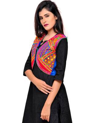 Blue Kutchi Embroidered Cotton Blend Short Jacket Women Ethnic Wear 2