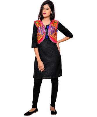 Blue Kutchi Embroidered Cotton Blend Short Jacket Women Ethnic Wear 4