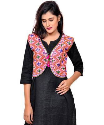 Pink Kutchi Embroidered Cotton Blend Short Jacket Women Ethnic Wear 1