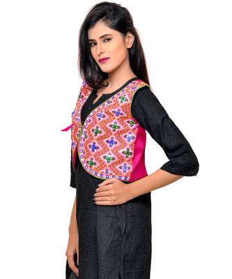 Pink Kutchi Embroidered Cotton Blend Short Jacket Women Ethnic Wear 2