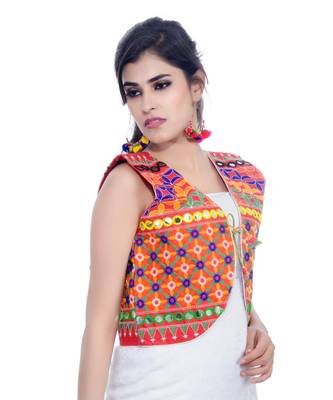 Red Kutchi Embroidered Cotton Blend Short Jacket Women Ethnic Wear 3