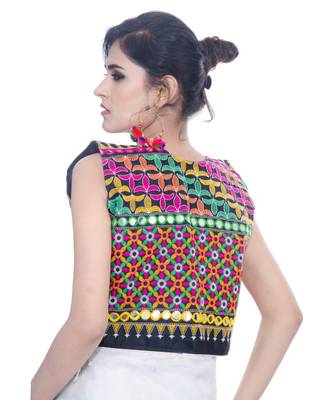 Black Kutchi Embroidered Cotton Blend Short Jacket Women Ethnic Wear 4