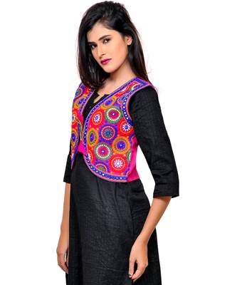 Pink Kutchi Embroidered Cotton Blend Short Jacket Women Ethnic Wear 2