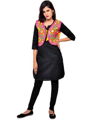 Yellow Kutchi Embroidered Cotton Blend Short Jacket Women Ethnic Wear 4