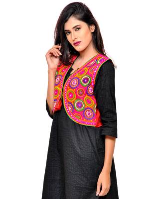 Red Kutchi Embroidered Cotton Blend Short Jacket Women Ethnic Wear 2
