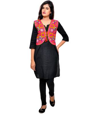 Red Kutchi Embroidered Cotton Blend Short Jacket Women Ethnic Wear 4