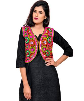 Black Kutchi Embroidered Cotton Blend Short Jacket Women Ethnic Wear 1