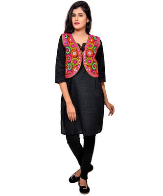 Black Kutchi Embroidered Cotton Blend Short Jacket Women Ethnic Wear 4