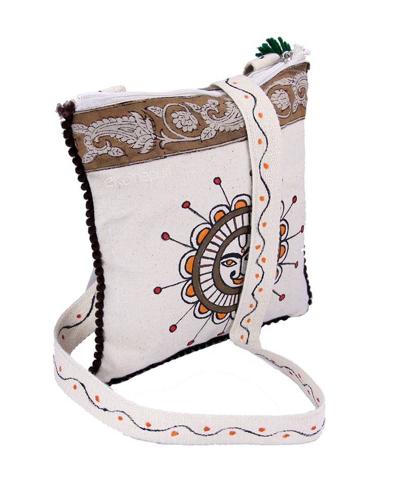 White Cotton Hand Woven Sling Bags KALAPURI 2691824