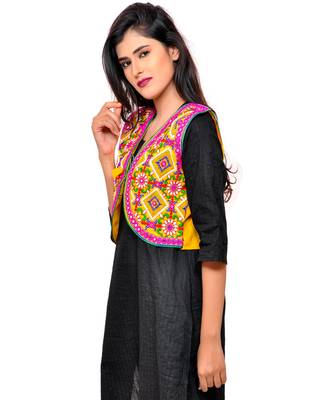 Yellow Kutchi Embroidered Cotton Blend Short Jacket Women Ethnic Wear 3
