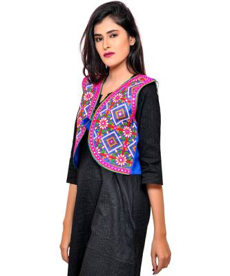 Blue Kutchi Embroidered Cotton Blend Short Jacket Women Ethnic Wear 2