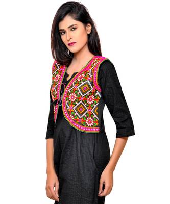 Black Kutchi Embroidered Cotton Blend Short Jacket Women Ethnic Wear 2