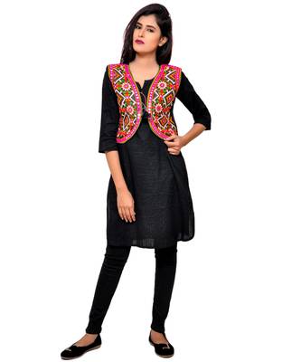Black Kutchi Embroidered Cotton Blend Short Jacket Women Ethnic Wear 4
