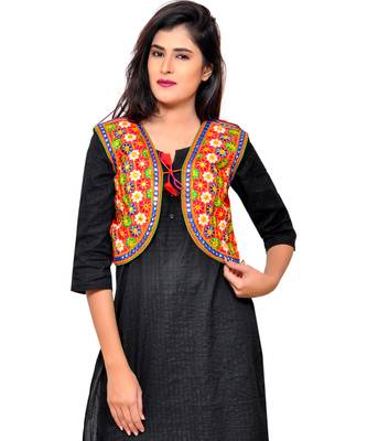 Red Kutchi Embroidered Cotton Blend Short Jacket Women Ethnic Wear 1
