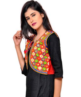 Red Kutchi Embroidered Cotton Blend Short Jacket Women Ethnic Wear 2