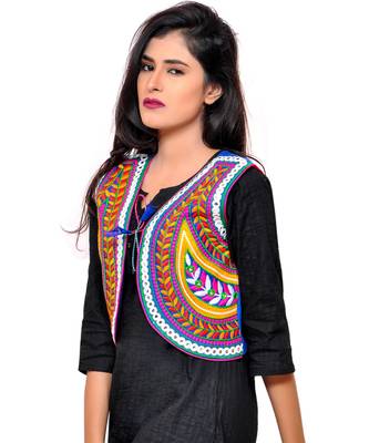 Blue Kutchi Embroidered Cotton Blend Short Jacket Women Ethnic Wear 4