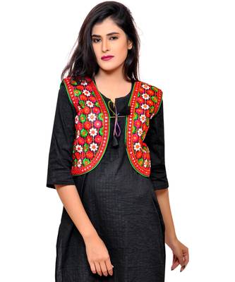 Black Kutchi Embroidered Cotton Blend Short Jacket Women Ethnic Wear 1
