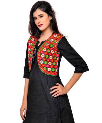 Black Kutchi Embroidered Cotton Blend Short Jacket Women Ethnic Wear 2