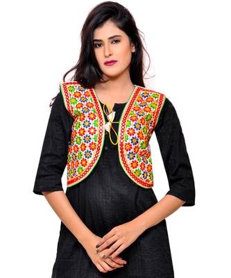 White Kutchi Embroidered Cotton Blend Short Jacket Women Ethnic Wear 1