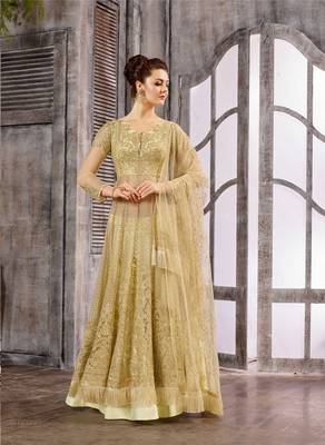 Cream embroidered net semi stitched salwar with dupatta 1