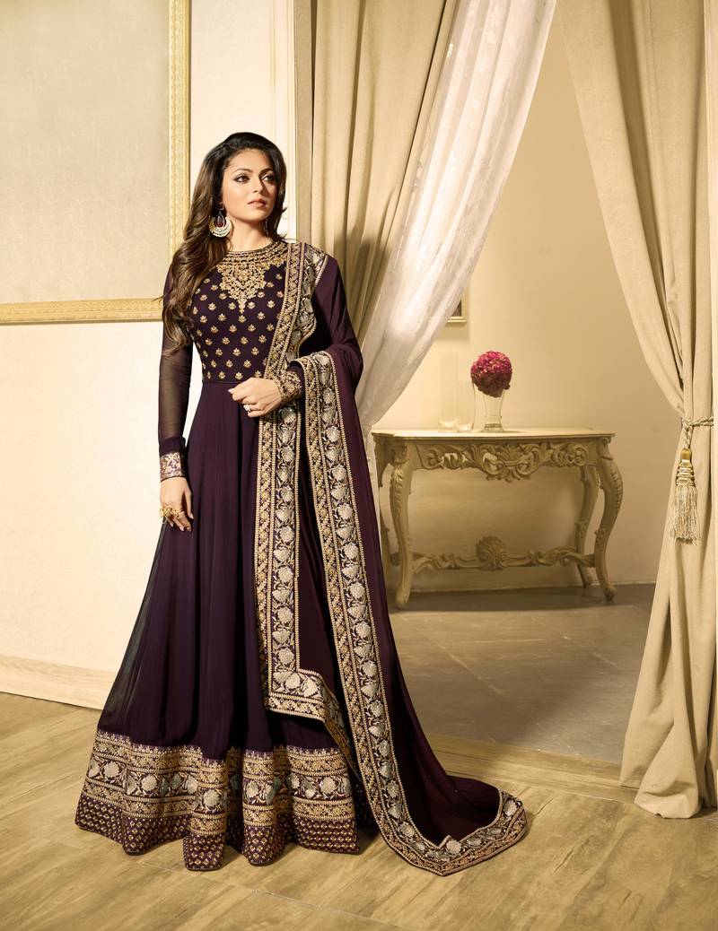 Purple Embroidered Georgette Anarkali Suit