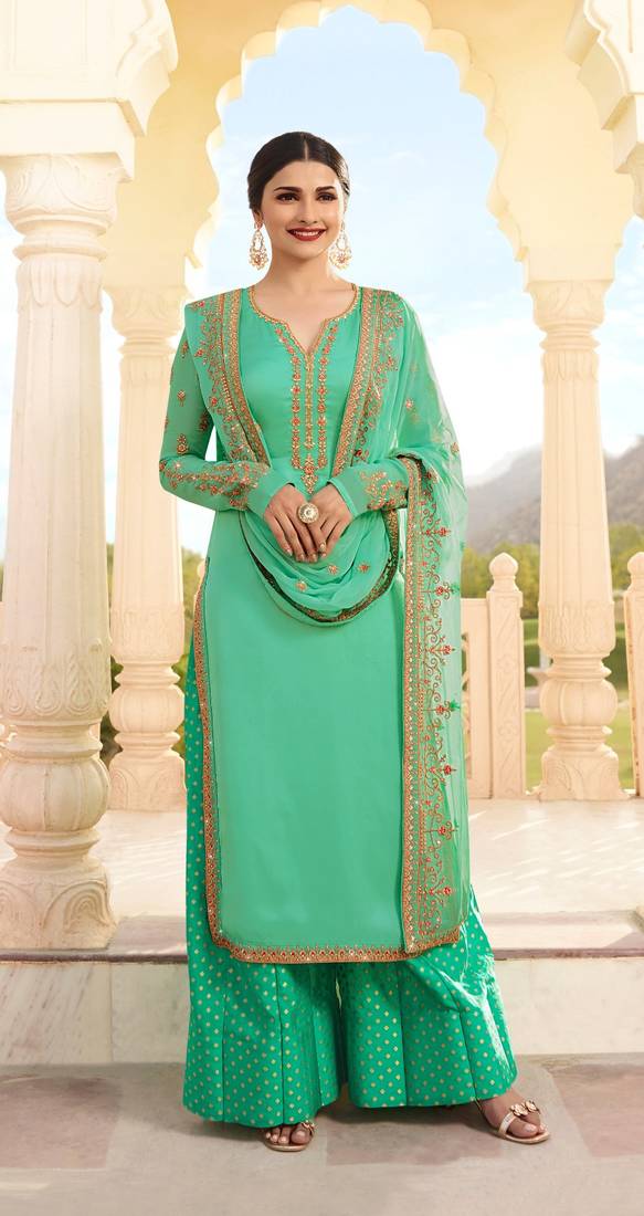 Green Multi Resham Work Georgette Salwar With Dupatta