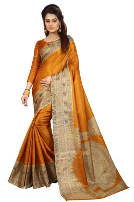 Mustard Printed Khadi Saree With Blouse 1