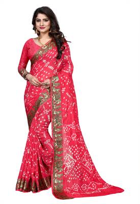 Red printed georgette saree with blouse 1