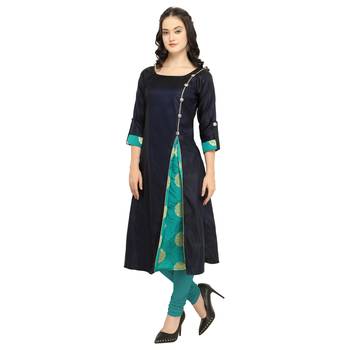 Navy Blue Colour Satin Taffeta Side Slit Anarkali A-Line Long Kurti 1
