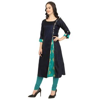 Navy Blue Colour Satin Taffeta Side Slit Anarkali A-Line Long Kurti 3