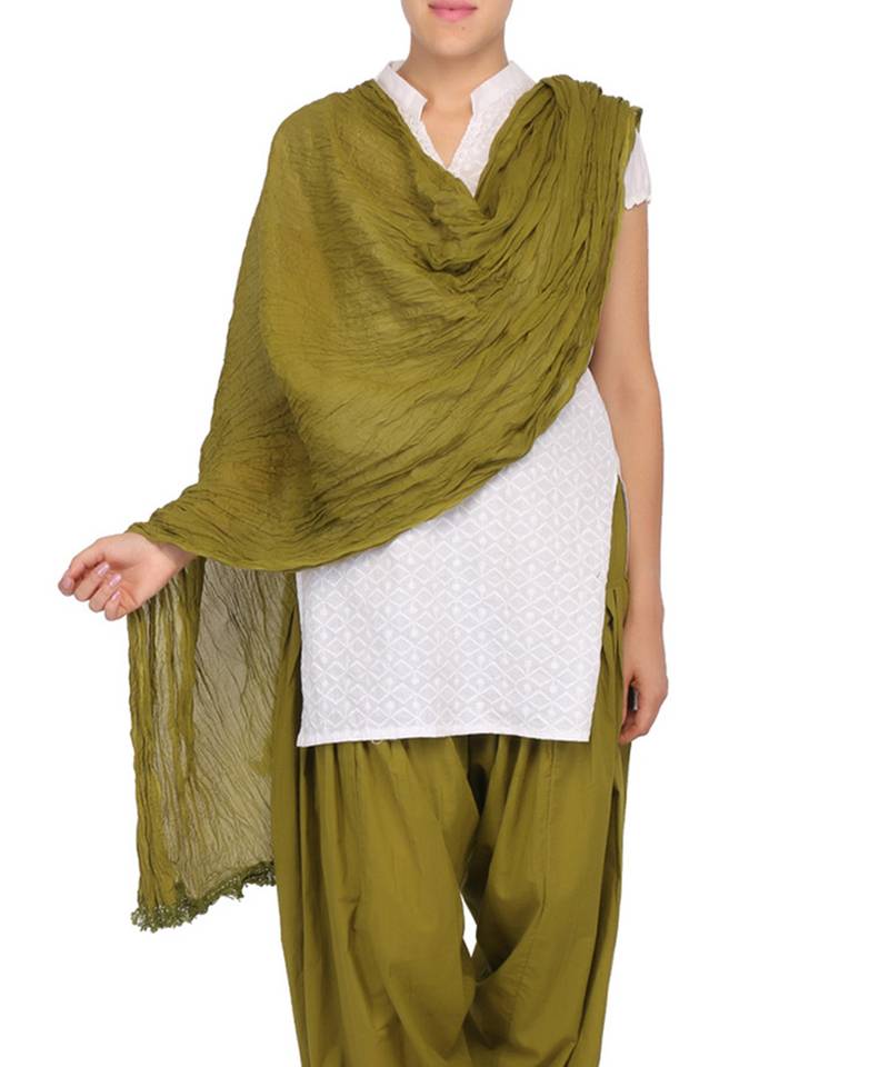 Mehandi Green Solid Plain Pure Cotton Free Size Dupatta And Stoles With Designer Lace