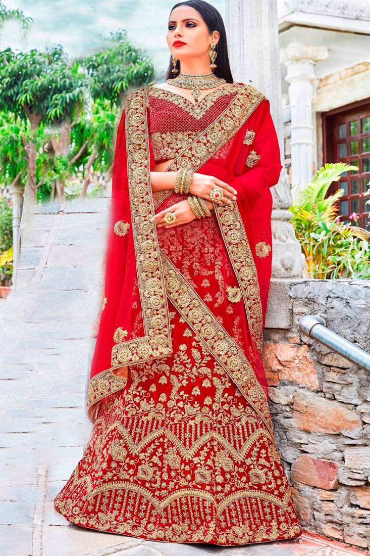 Red Crepe Hand Embroidered Lehenga Set With Dupatta main image 1