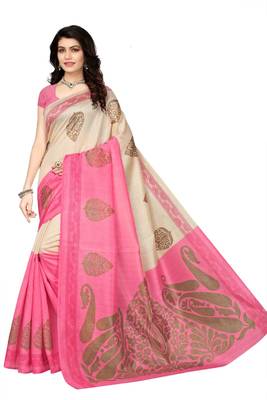 Beige printed cotton silk saree with blouse 1
