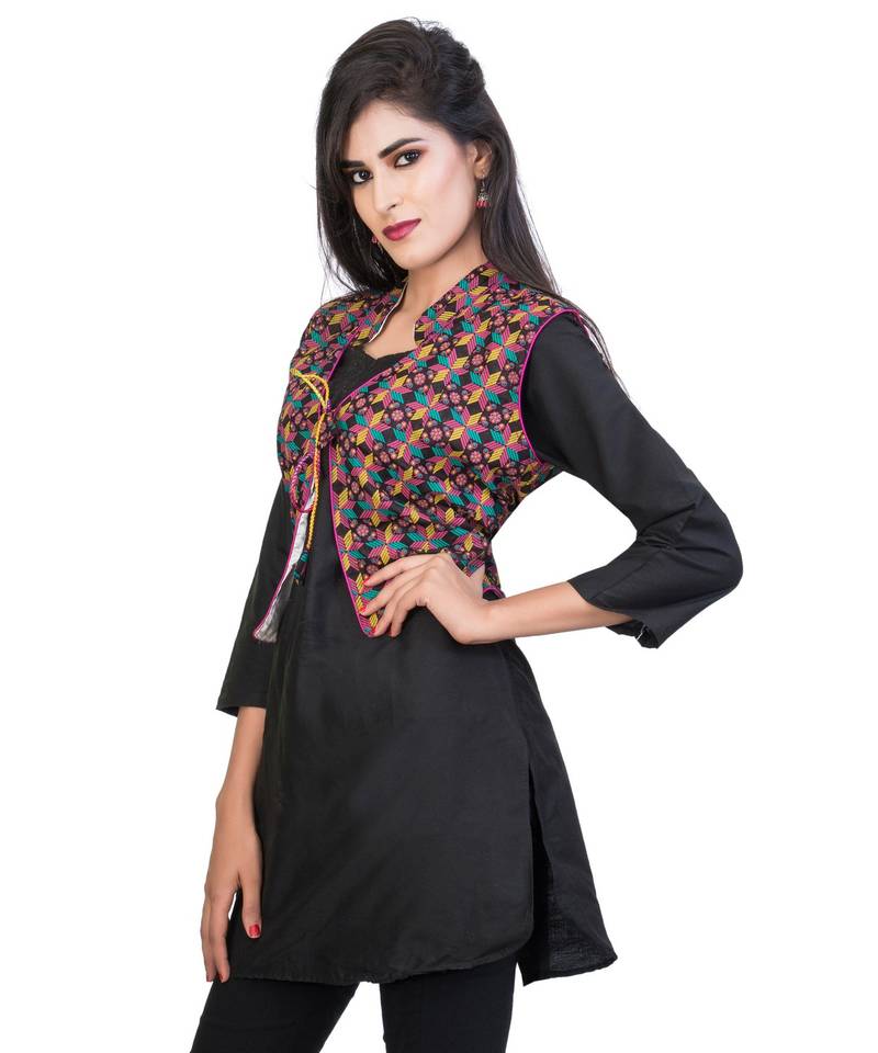 Black Kutchi Embroidered Pure Cotton Waist Length Jacket Women Ethnic