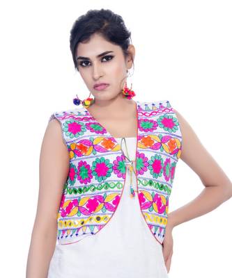 White Kutchi Embroidered Cotton Blend Short Jacket Women Ethnic Wear 1