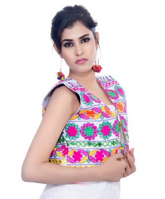 White Kutchi Embroidered Cotton Blend Short Jacket Women Ethnic Wear 3