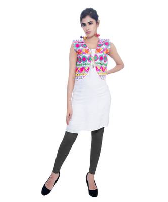 White Kutchi Embroidered Cotton Blend Short Jacket Women Ethnic Wear 4