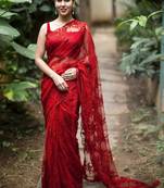 Red embroidered net saree with blouse