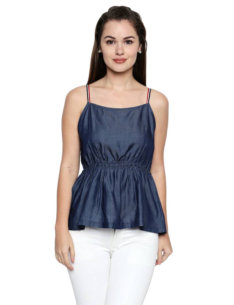 Blue Cotton Denim Sleeveless Top for Women