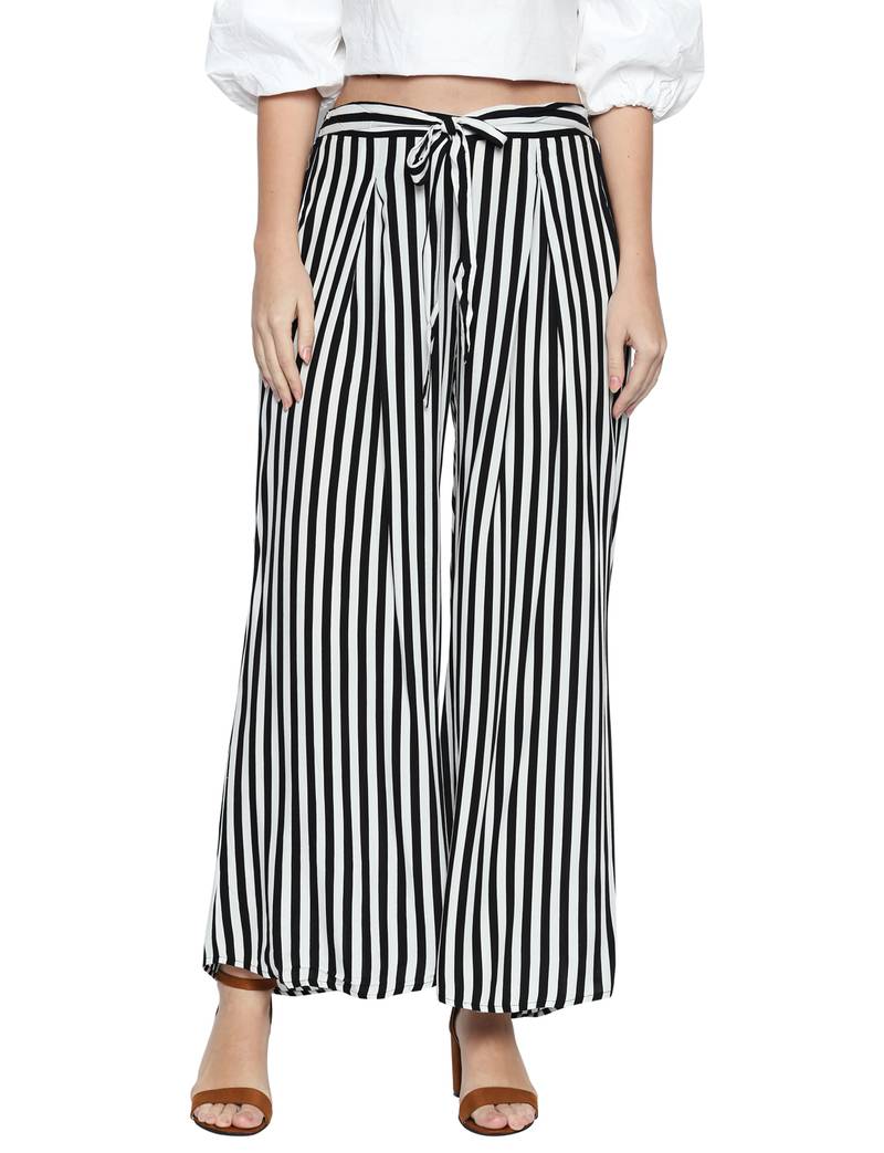 Black Cotton Rayon Striped Ankle Length Palazzo for Women
