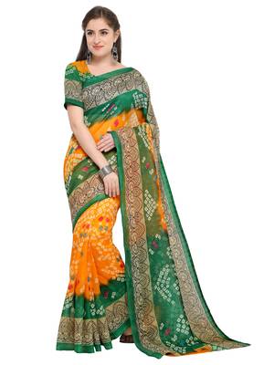 Yellow printed bhagalpuri silk saree with blouse 1