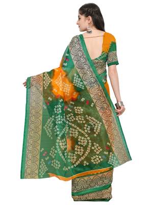Yellow printed bhagalpuri silk saree with blouse 2