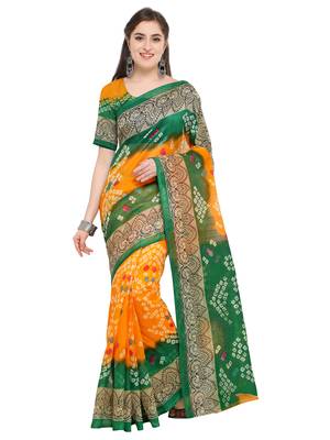 Yellow printed bhagalpuri silk saree with blouse 4