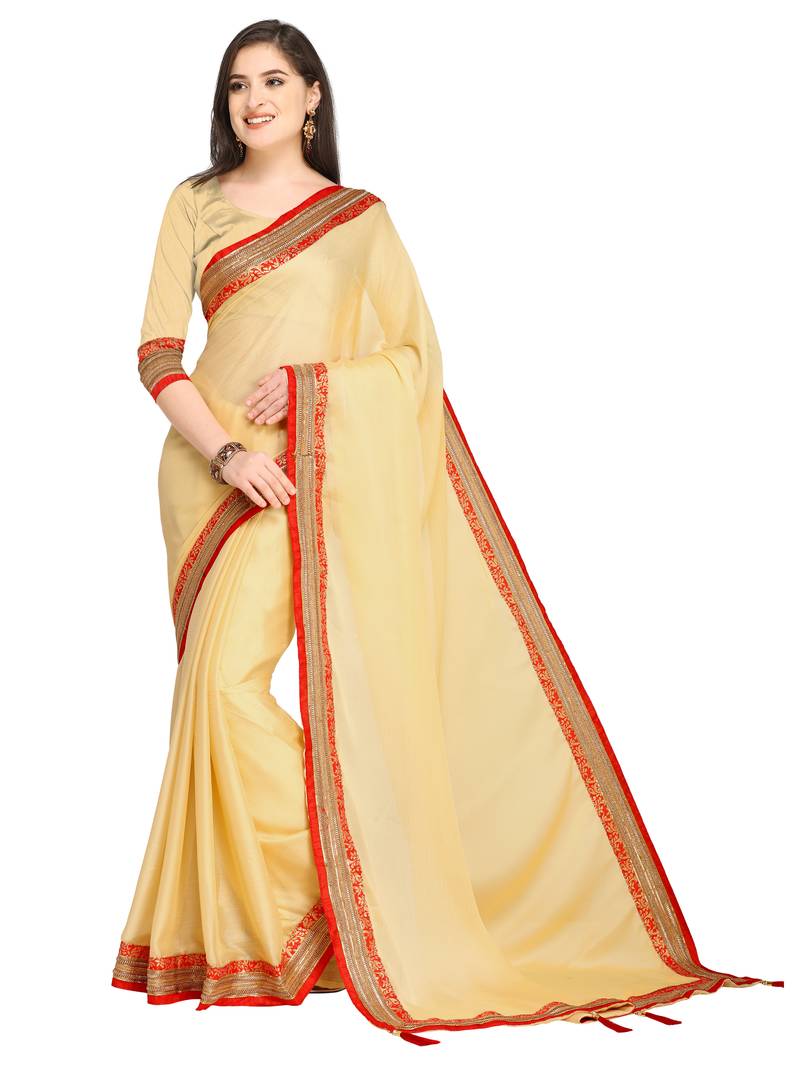 Beige plain chiffon saree with blouse