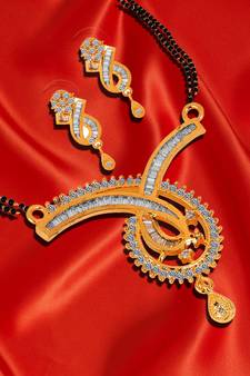 Quail Fresh Design 1G Gold Plated Heavy Braket With American Diamonds Traditional Mangalsutra Set for Women