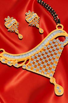 Quail Fresh Design 1G Gold Plated Heavy Braket With American Diamonds Traditional Mangalsutra Set for Women