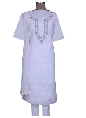 Ada White Hand Embroidered Cotton Unstitched Salwar With Dupatta 1