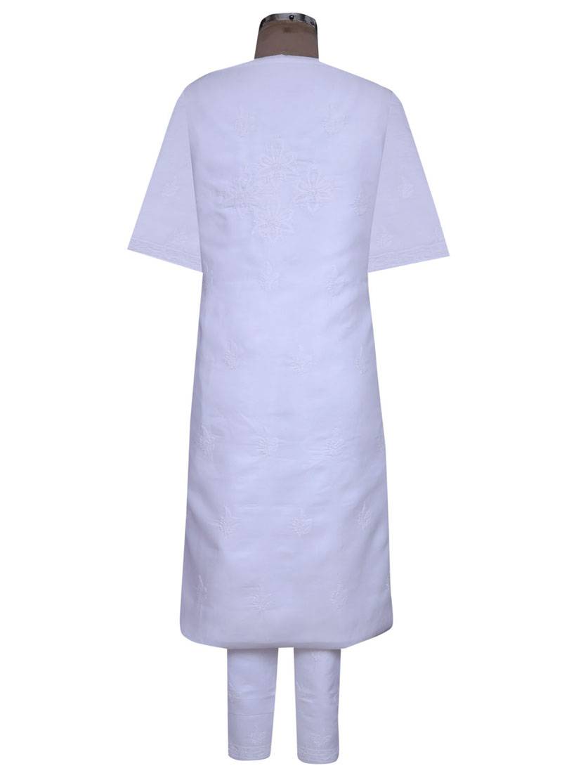 Ada White Hand Embroidered Cotton Unstitched Salwar With Dupatta