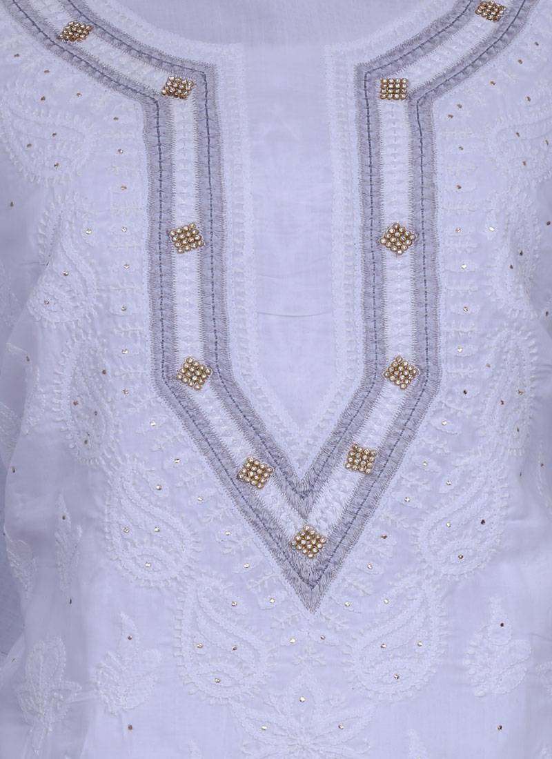 Ada White Hand Embroidered Cotton Unstitched Salwar With Dupatta