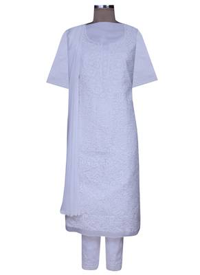 Ada White Hand Embroidered Cotton Unstitched Salwar With Dupatta 1
